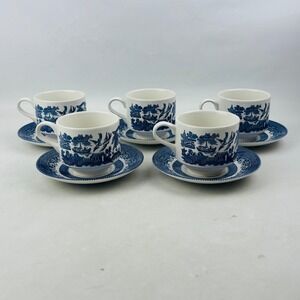 Churchill England Blue Willow Large Flat Cup and Saucer Set of 5 Georgian